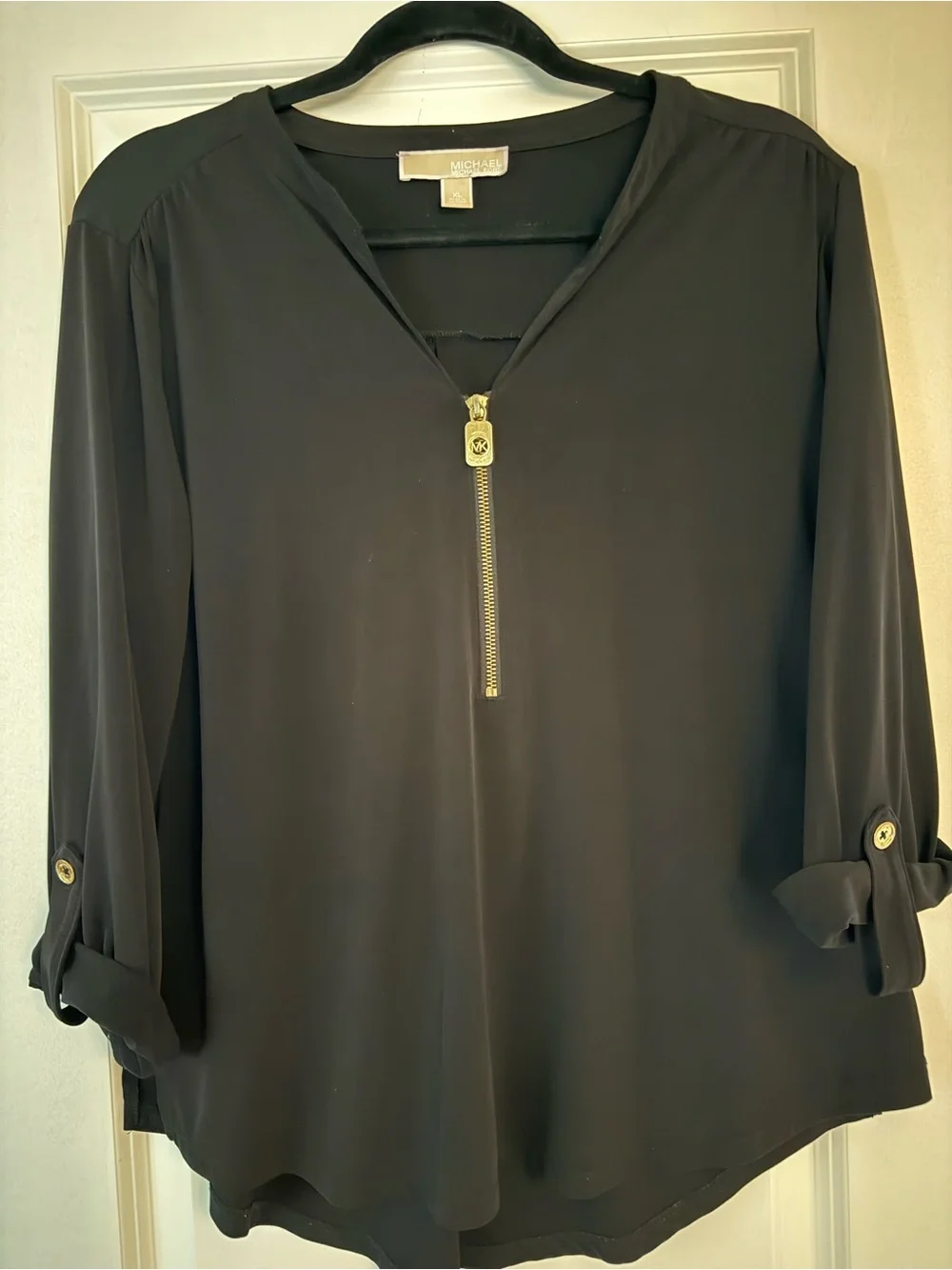 Michael Kors Black Button-Tab Zip-Front Blouse